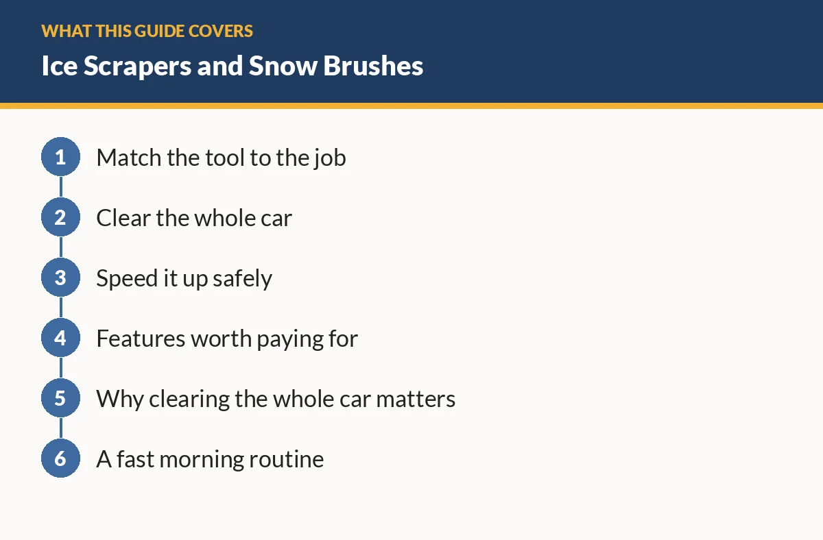 Diagram of the sections in this guide: Match the tool to the job; Clear the whole car; Speed it up safely; Features worth paying for; Why clearing the whole car matters; A fast morning routine