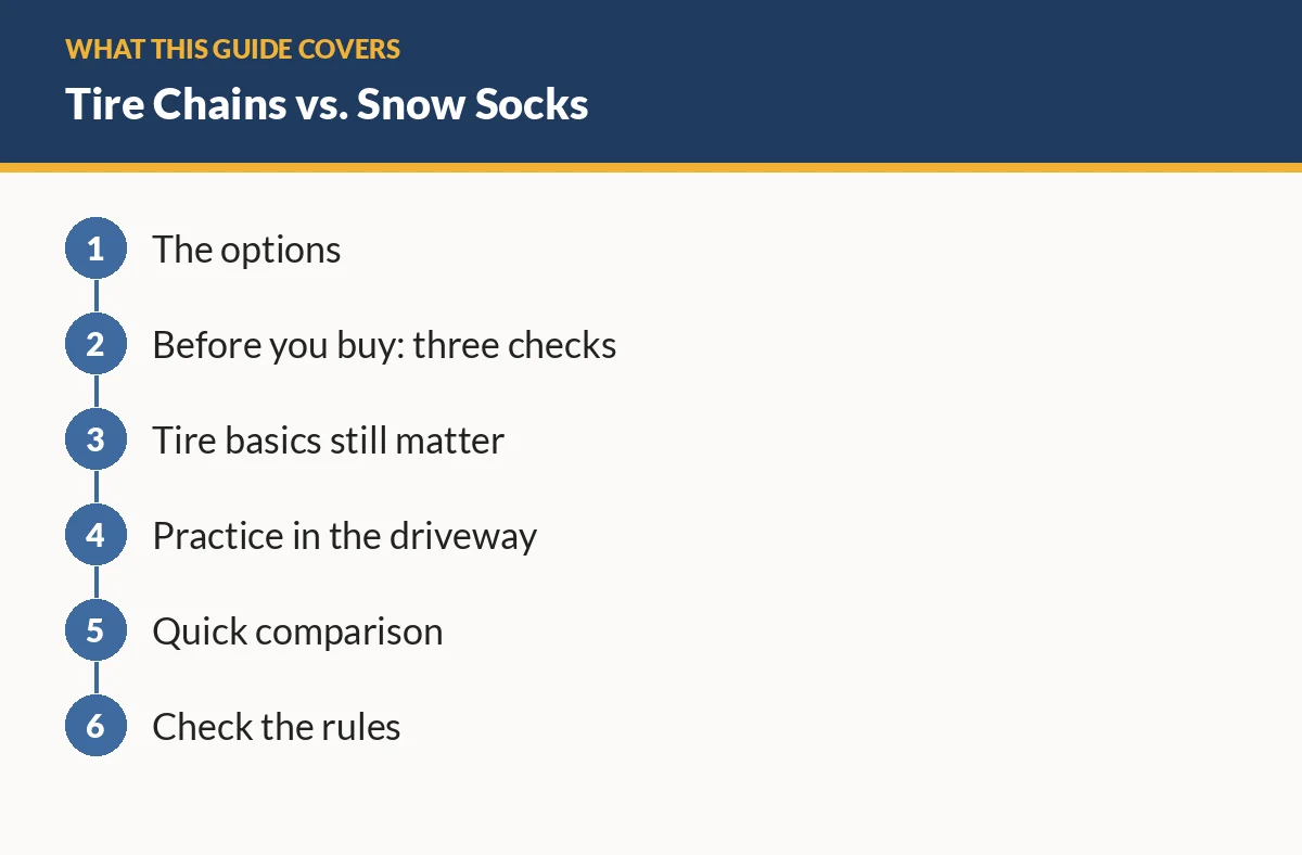 Diagram of the sections in this guide: The options; Before you buy: three checks; Tire basics still matter; Practice in the driveway; Quick comparison; Check the rules